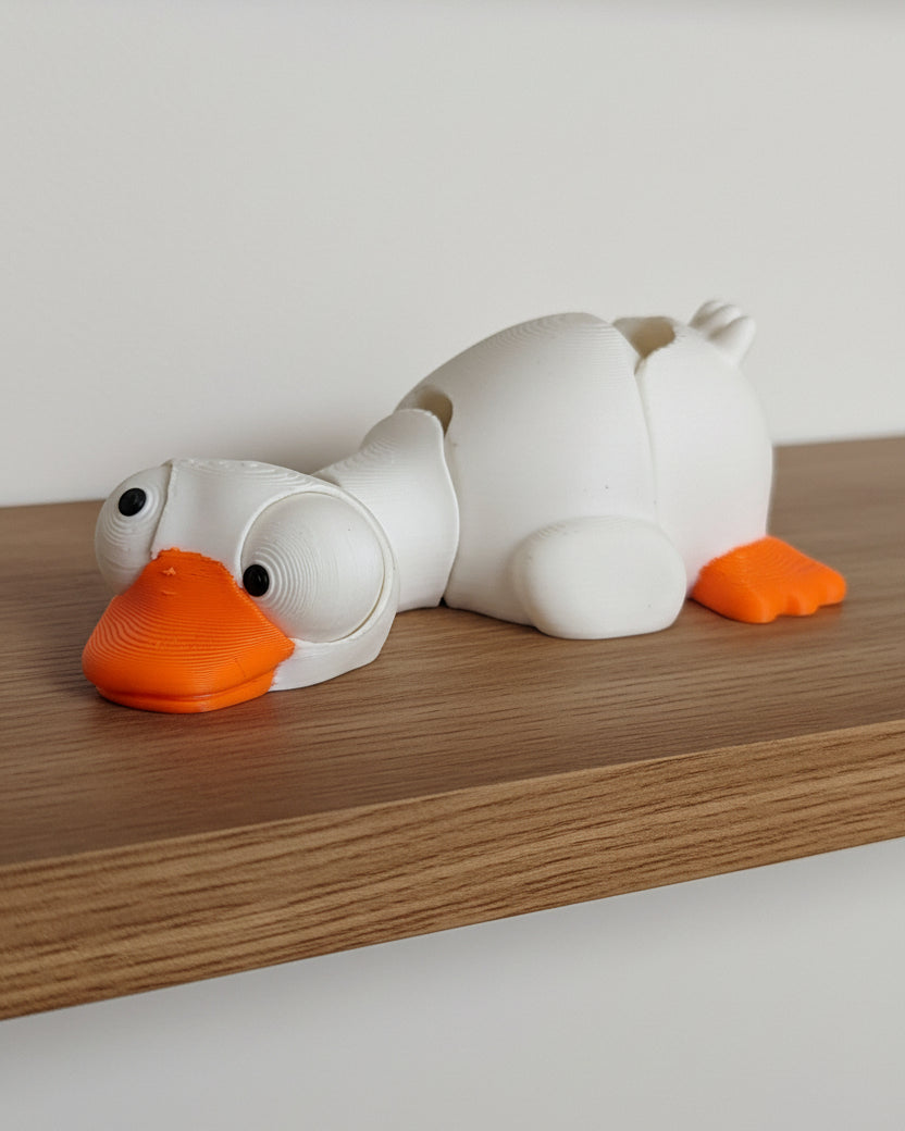 Close-up of mini flexi goose figure with large movable googly eyes on white background