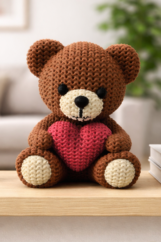 Brown teddy bear figurine holding red heart, approximately eight centimeters tall