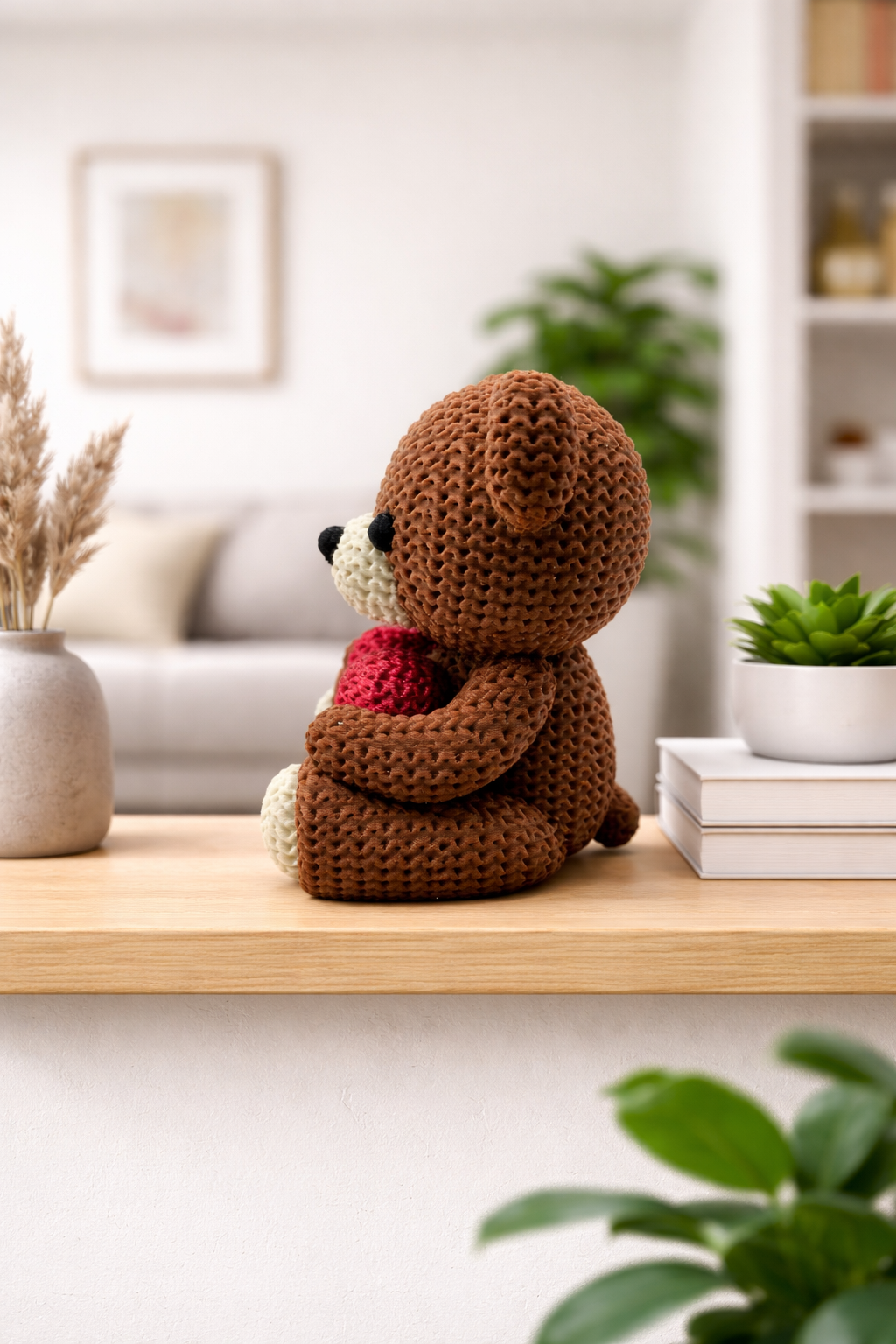 Side profile showing bear seated position while clutching red heart in paws