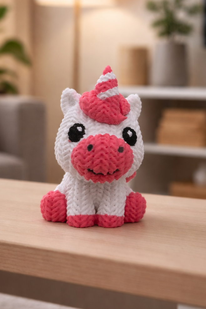 White and pink 3D-printed unicorn figure with spiral horn and black eyes