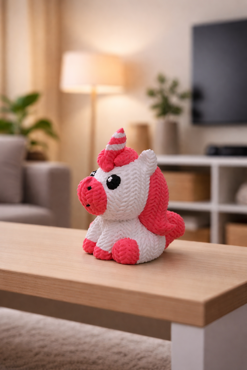 Detailed view of unicorn's expressive face and delicate horn from front angle