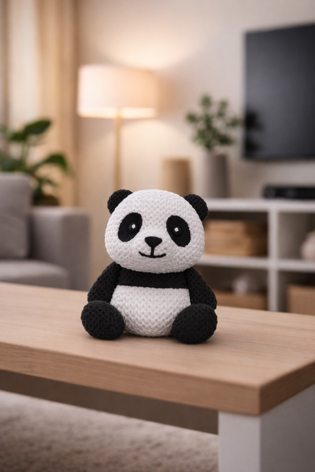Close-up detail of fluffy knitted texture covering the panda's surface