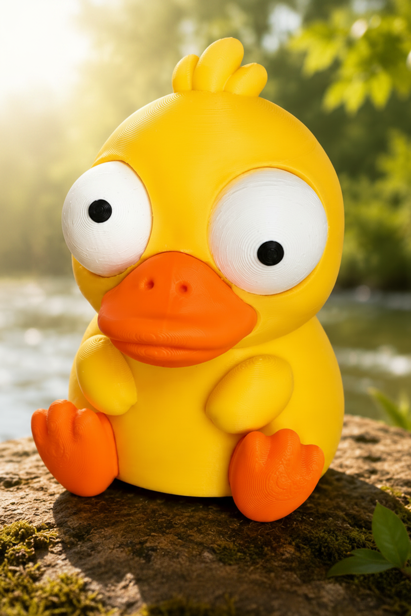 Goofy duck figure with large movable googly eyes on a white background, close-up view