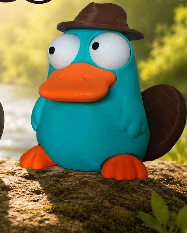 Close-up of goofy platypus figure with large movable googly eyes on white background