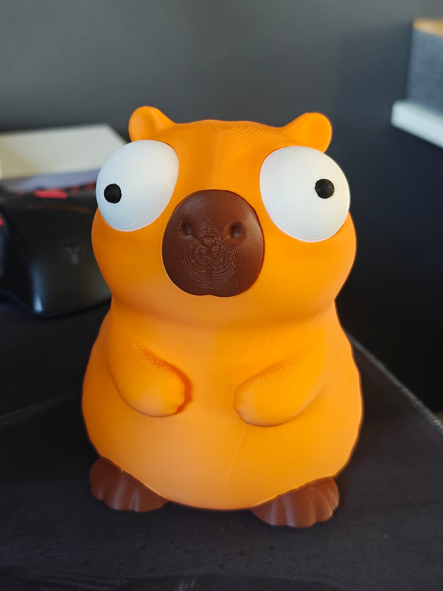 Close-up of the movable googly eyes on the capybara figure showing repositionable detail
