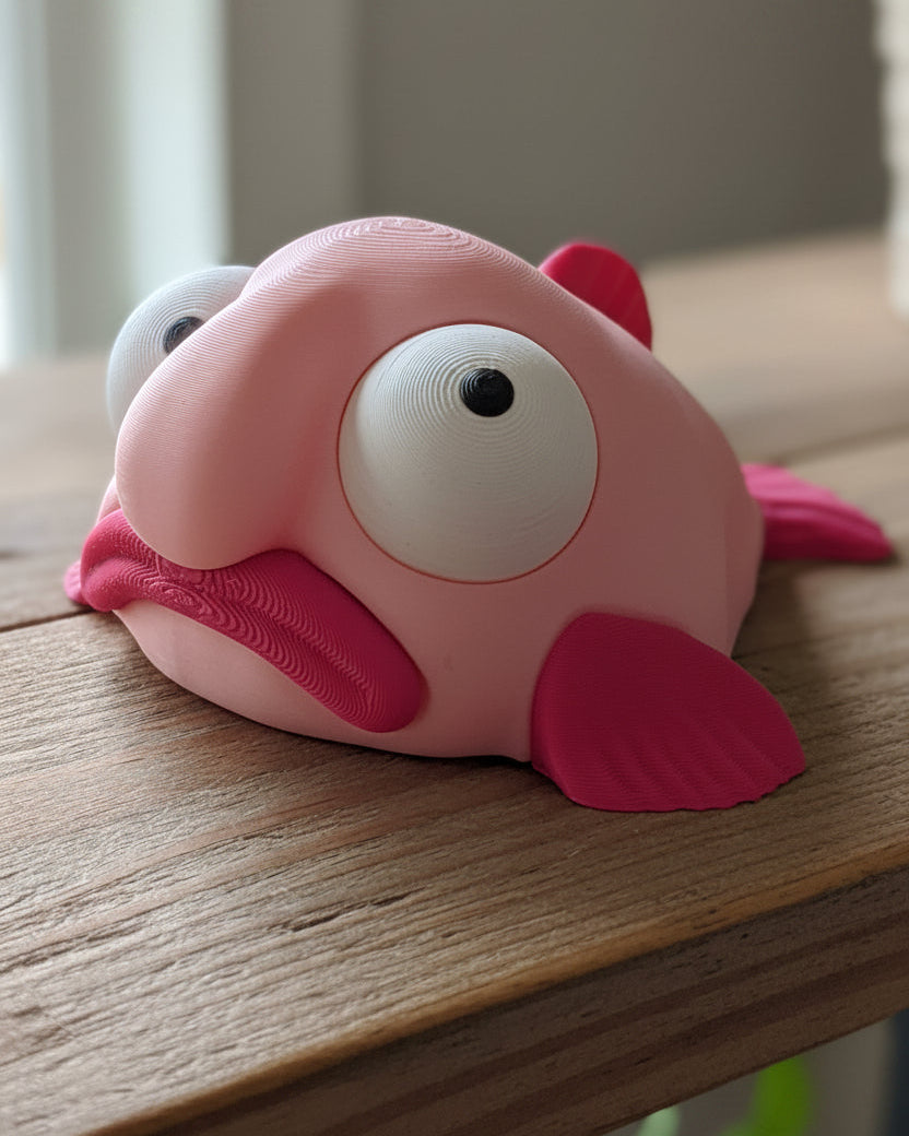 Blobfish figure with movable googly eyes, front view on white background
