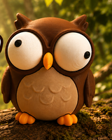 Goofy owl figure with large movable googly eyes, front view on white background