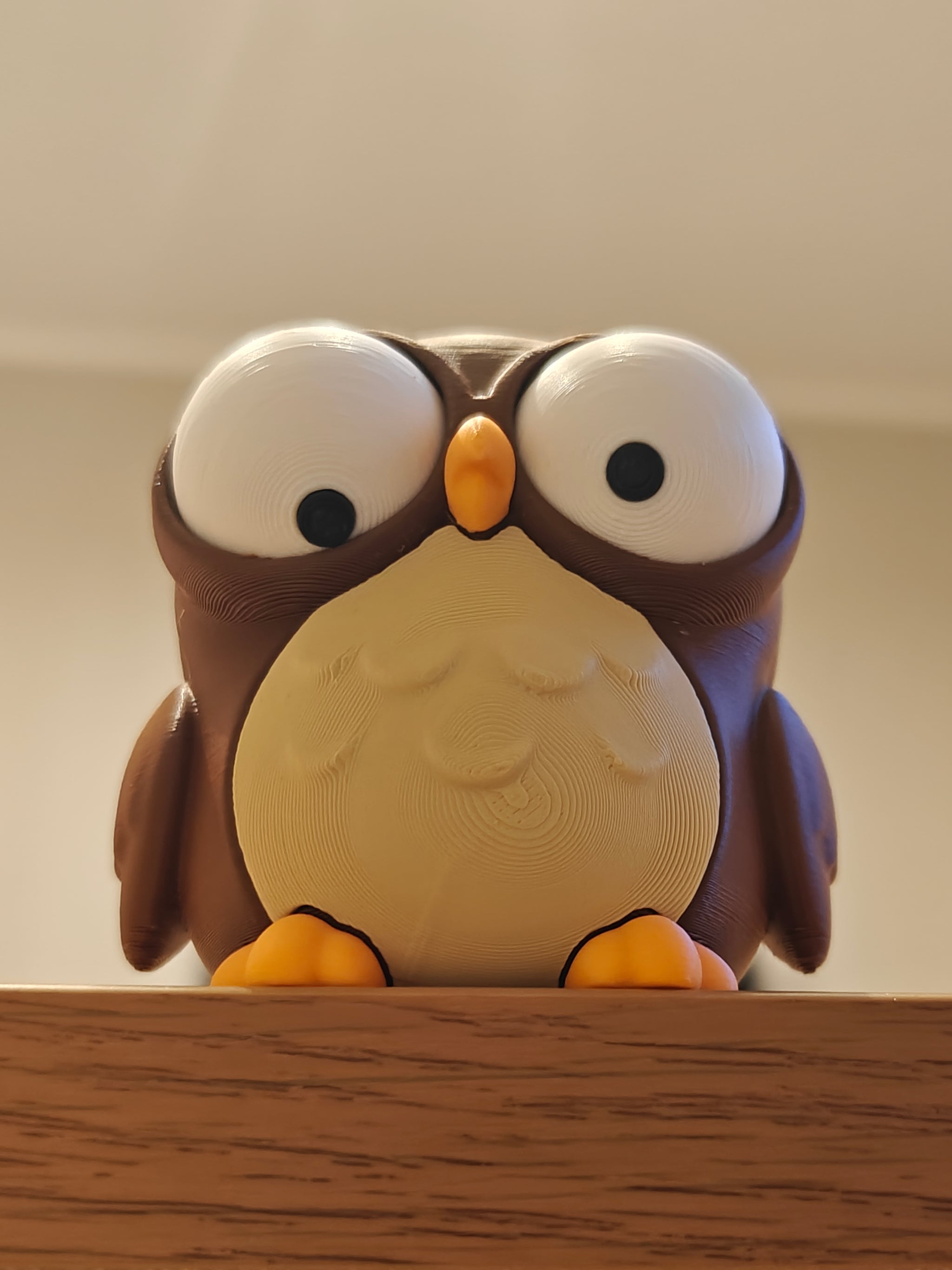 Cartoon owl figure sitting on a wooden desk next to a small plant