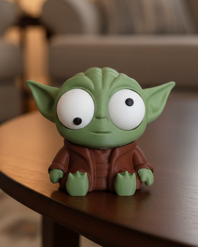 Goofy Yoda figure with movable googly eyes and oversized ears, front view on white background