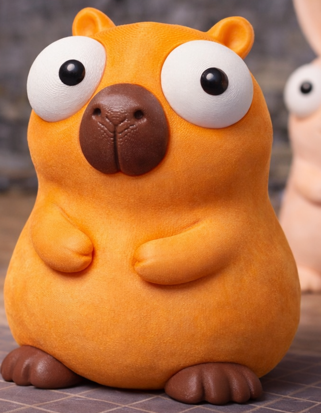 Capybara figure with big movable googly eyes, front view on white background