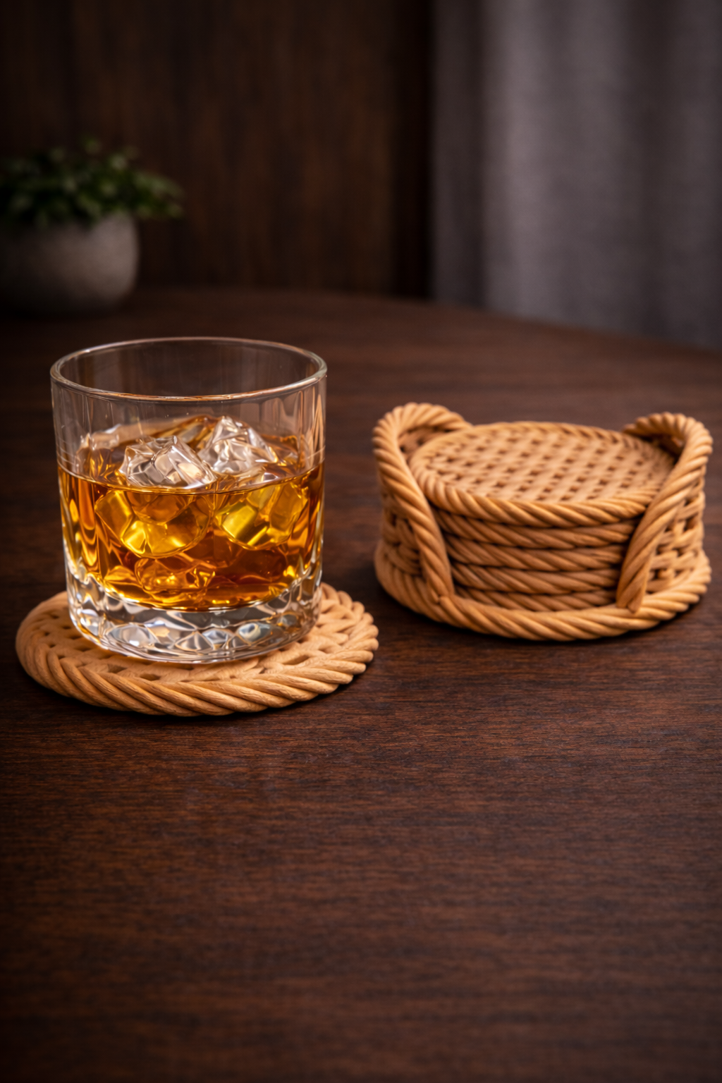 Set of five beige woven coasters with matching cylindrical holder displayed together