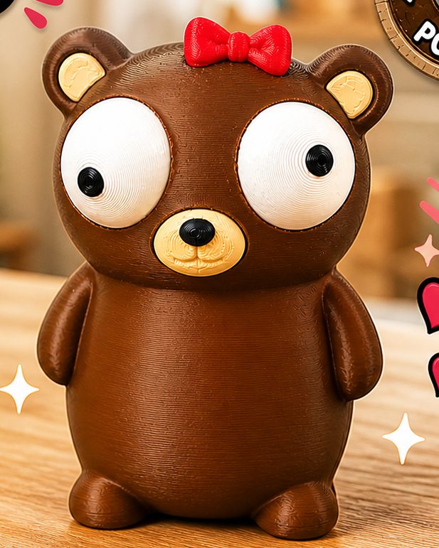 Close-up of Bear Mom figure with big movable googly eyes and a small bow — cute bear figure