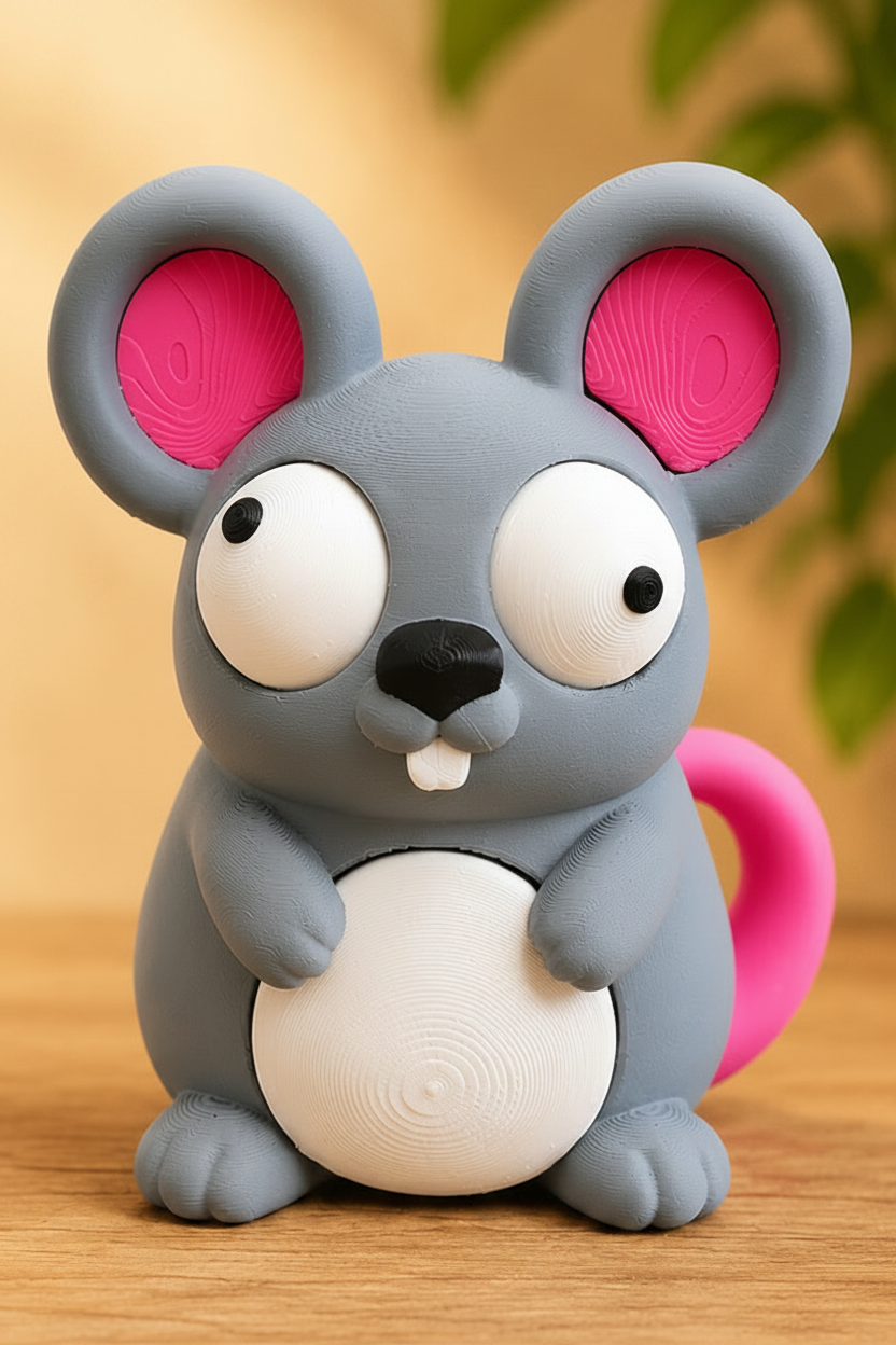 Close-up of a small cartoon mouse figure with large movable googly eyes and a tiny smile