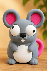 Close-up of a small cartoon mouse figure with large movable googly eyes and a tiny smile