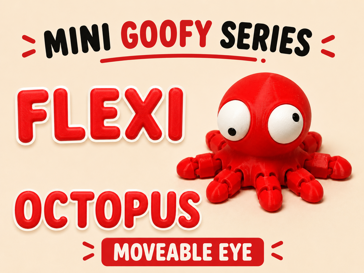 Mini flexi octopus with movable googly eyes, shown close-up on white background