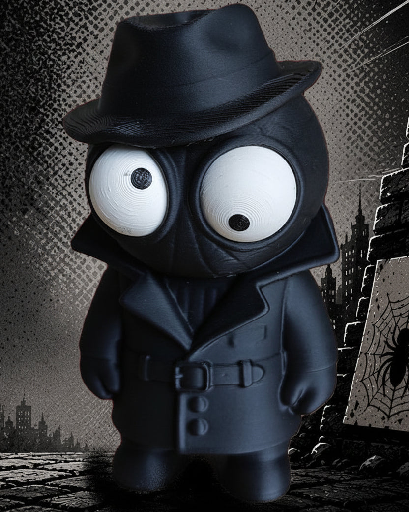 Spider Noir googly eyes figure with dark coat and hat, close-up on white background