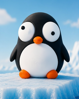 Goofy penguin figure with movable eyes, close-up on white background