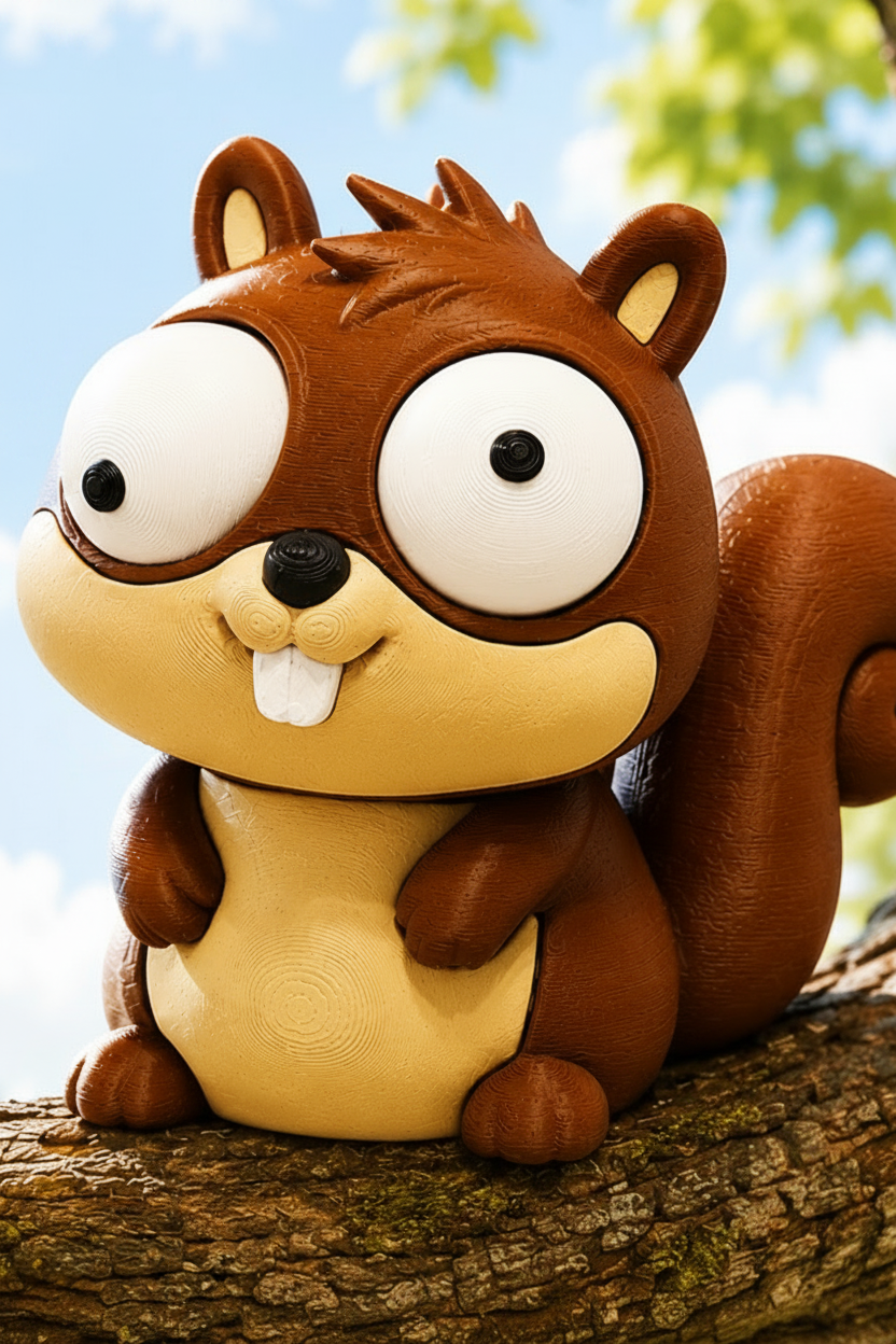 Goofy squirrel figure with large movable googly eyes, front view on white background