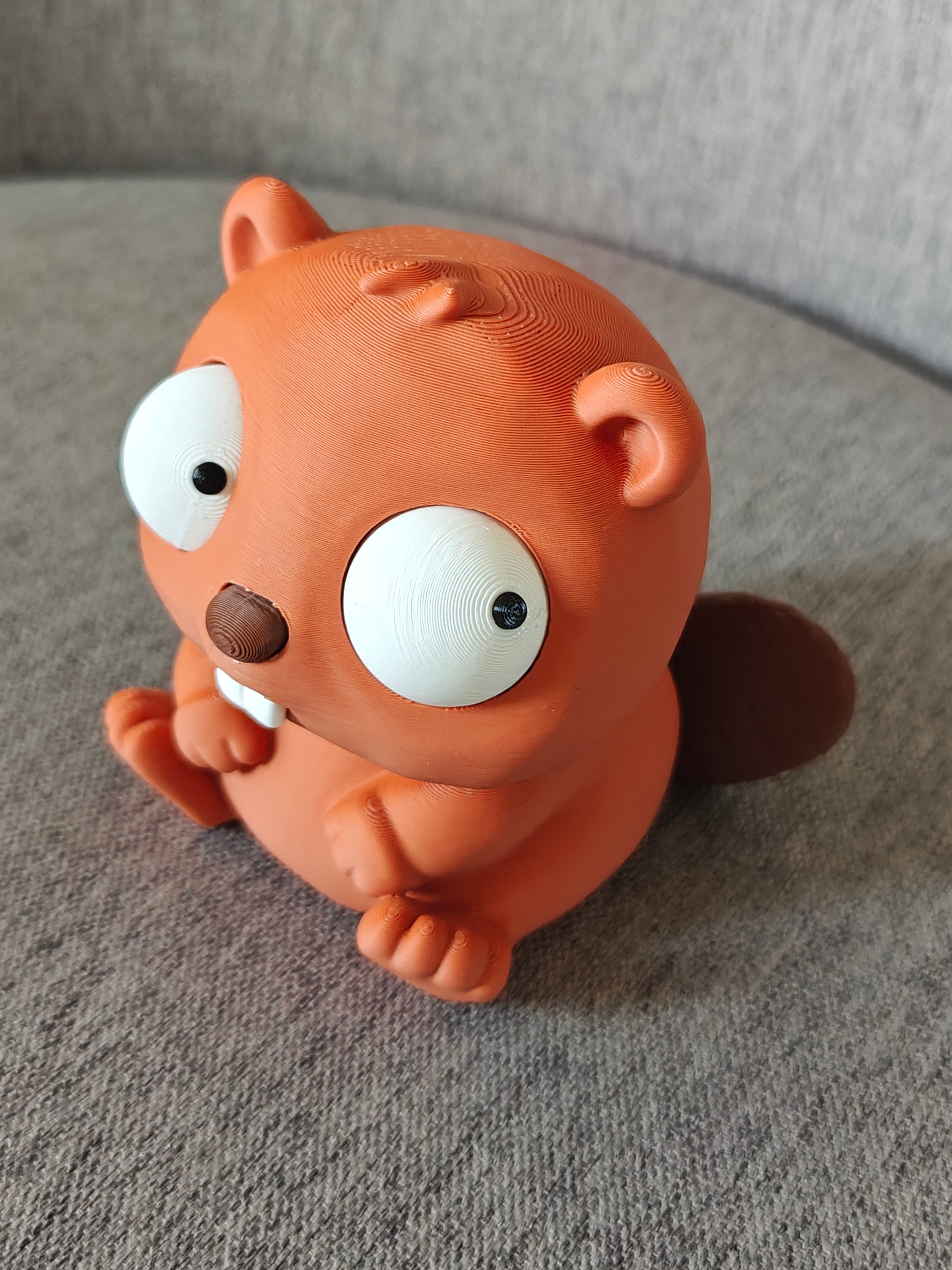 Close-up of the beaver figure's large rotatable googly eyes showing different expressions