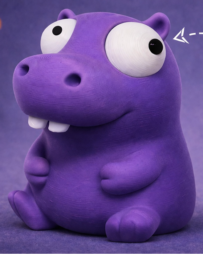Close-up of a small hippo figure with large movable googly eyes on a white background