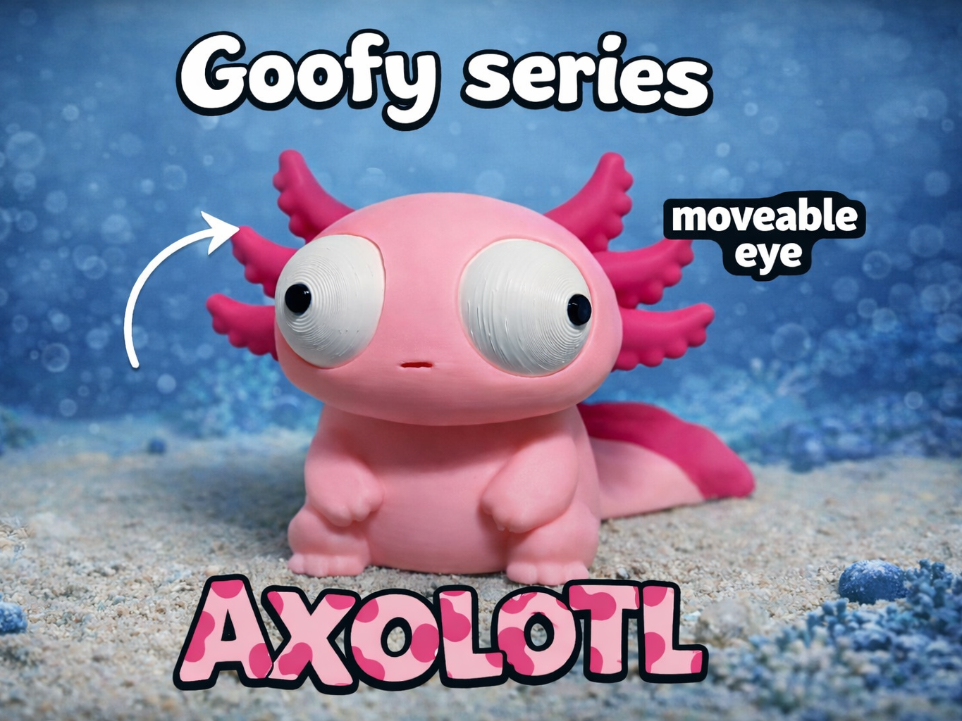 Goofy axolotl figure with large movable googly eyes, front view on white background