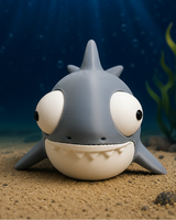 Goofy shark figure with large movable googly eyes on a white background