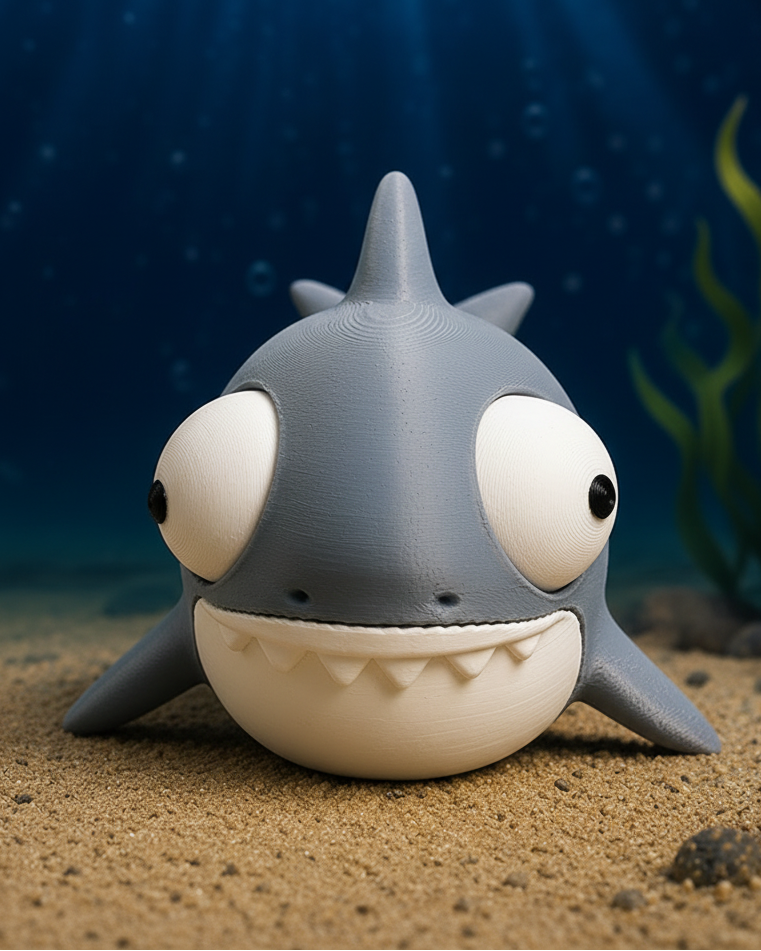 Goofy shark figure with large movable googly eyes on a white background