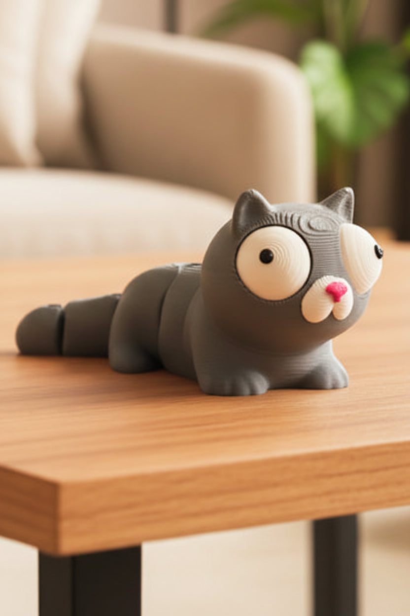 Small flexi cat figure sitting on a desk next to a keyboard and coffee cup