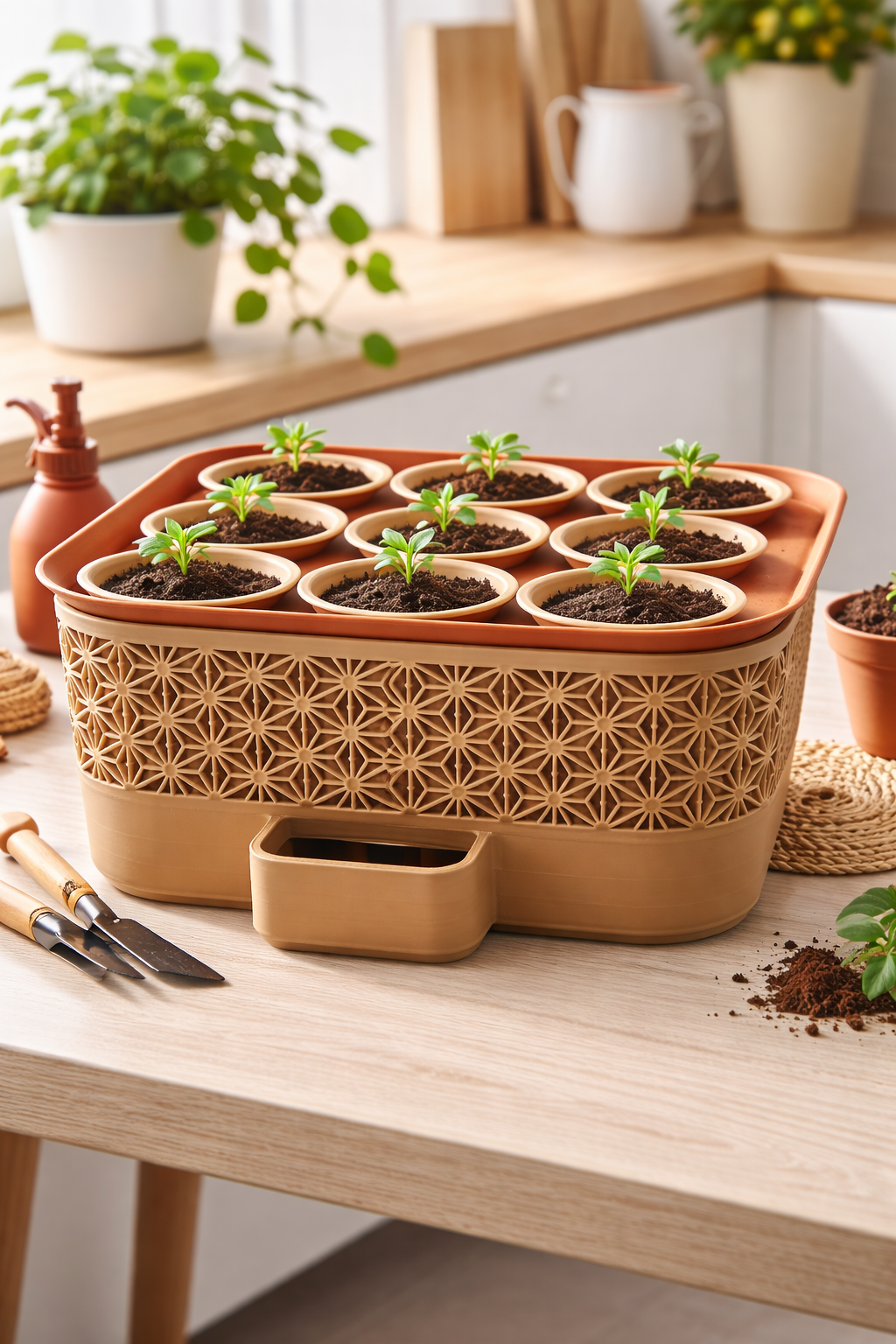 Self-watering seed starter tray with nine individual planting pots and geometric pattern design