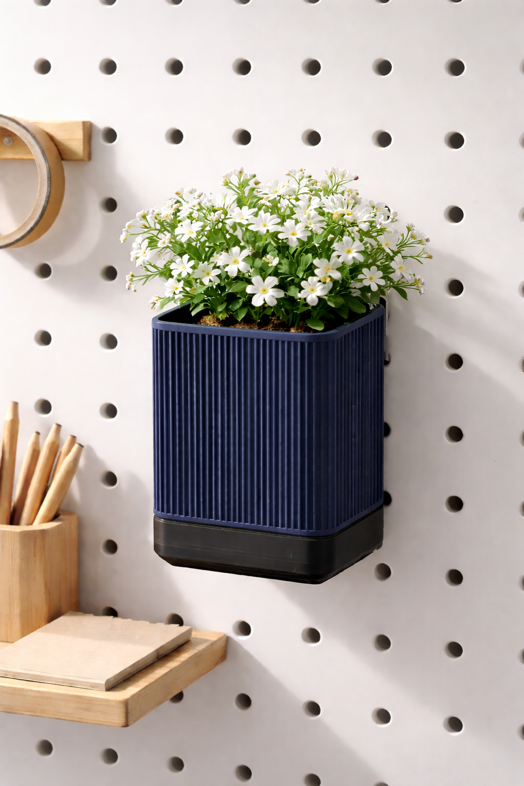 Skadis plant pot set with ribbed pot, hook, and drip tray for pegboard