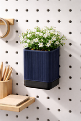 Skadis plant pot set with ribbed pot, hook, and drip tray for pegboard
