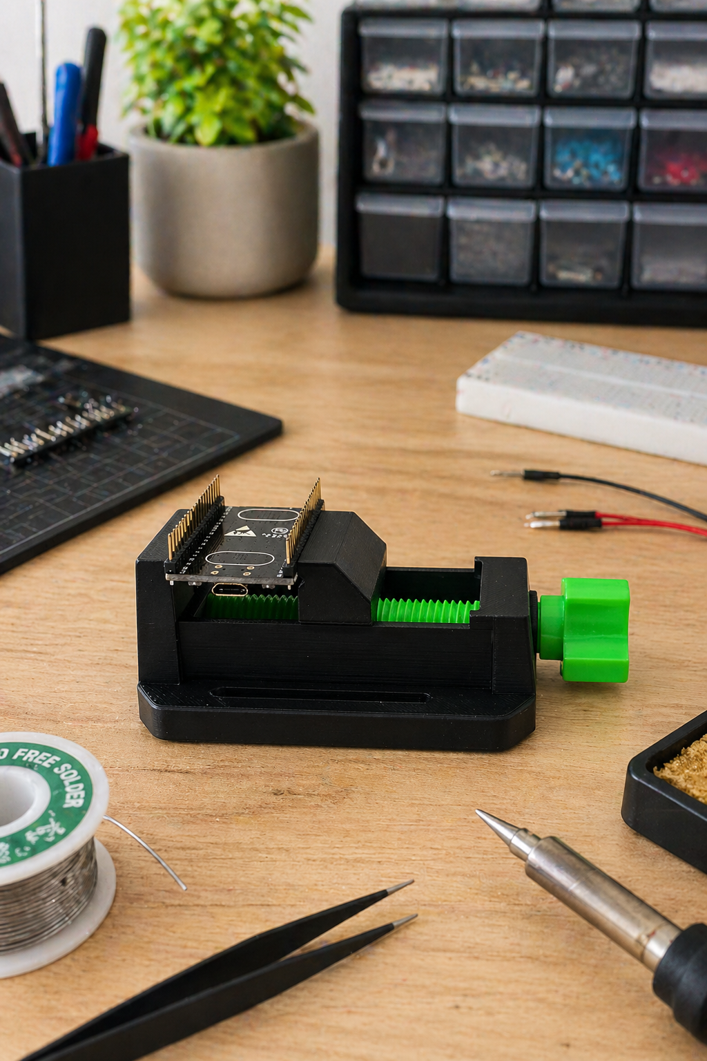 Compact black mini vise with green accents clamped to workbench surface
