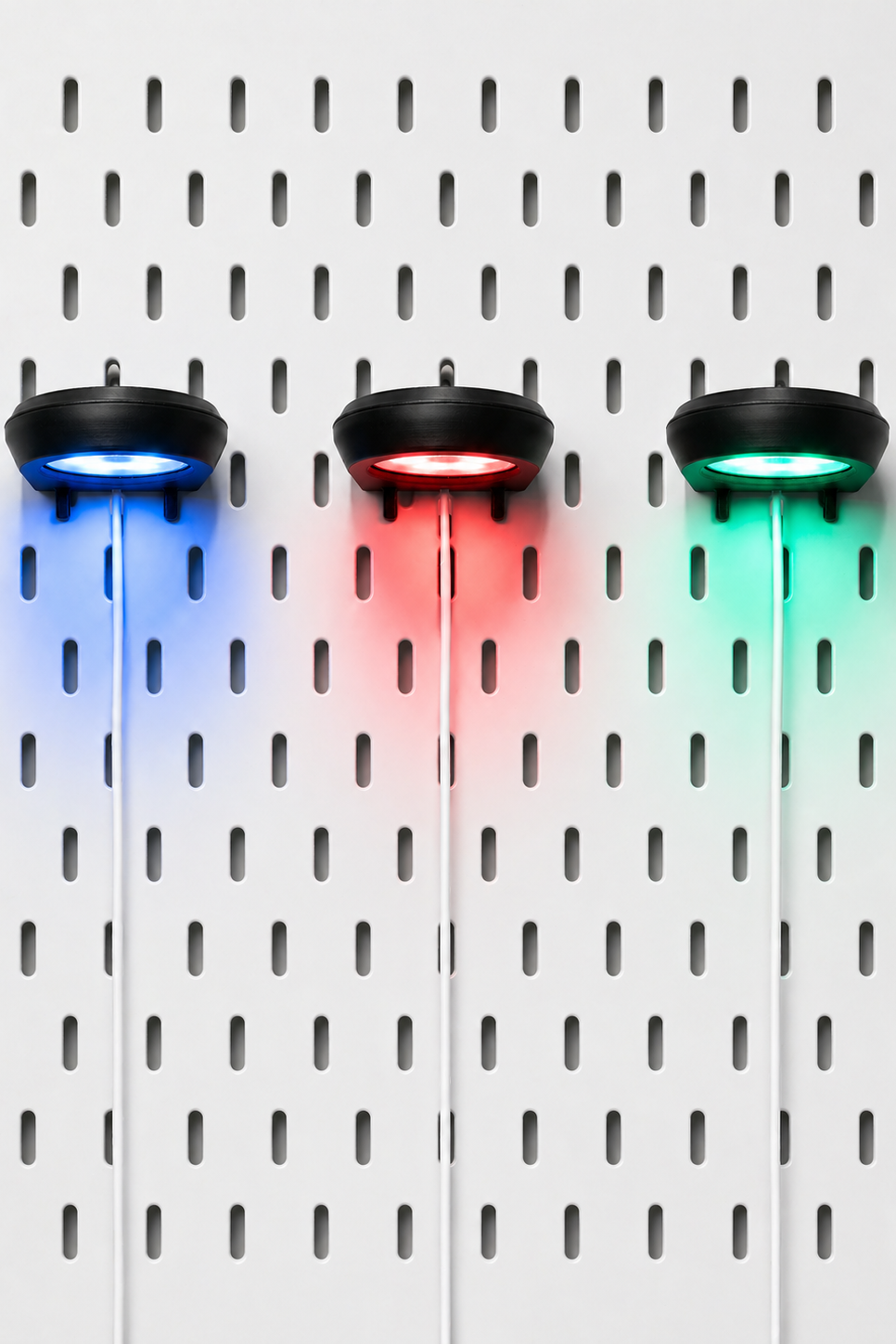 RGB LED light mounted on black IKEA Skadis pegboard with wireless remote control