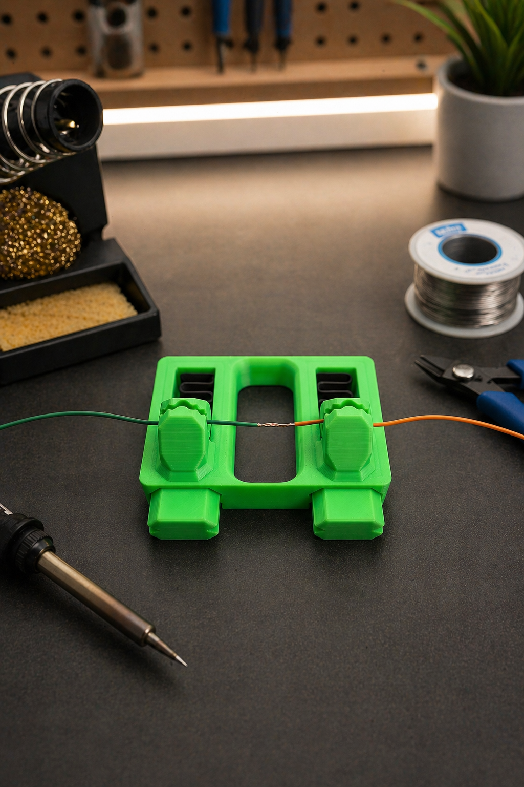 Green wire soldering jig with spring-loaded clamps and wide stable base