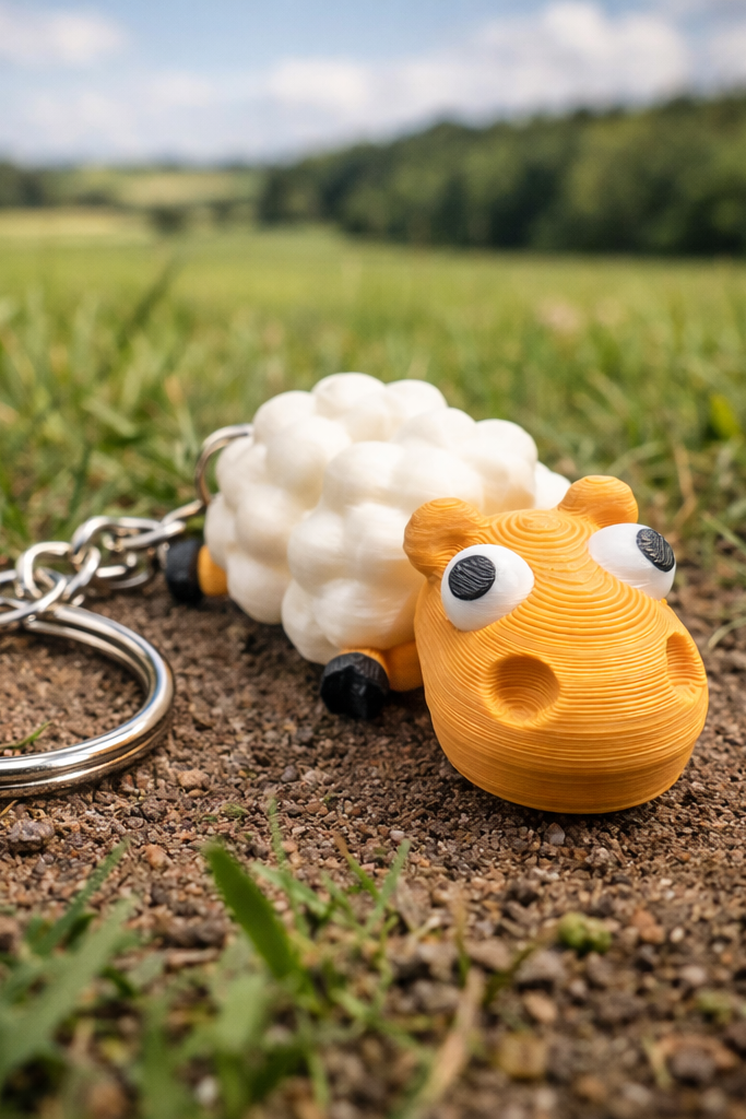 Adorable 3D-printed sheep keychain with white fluffy body and orange face