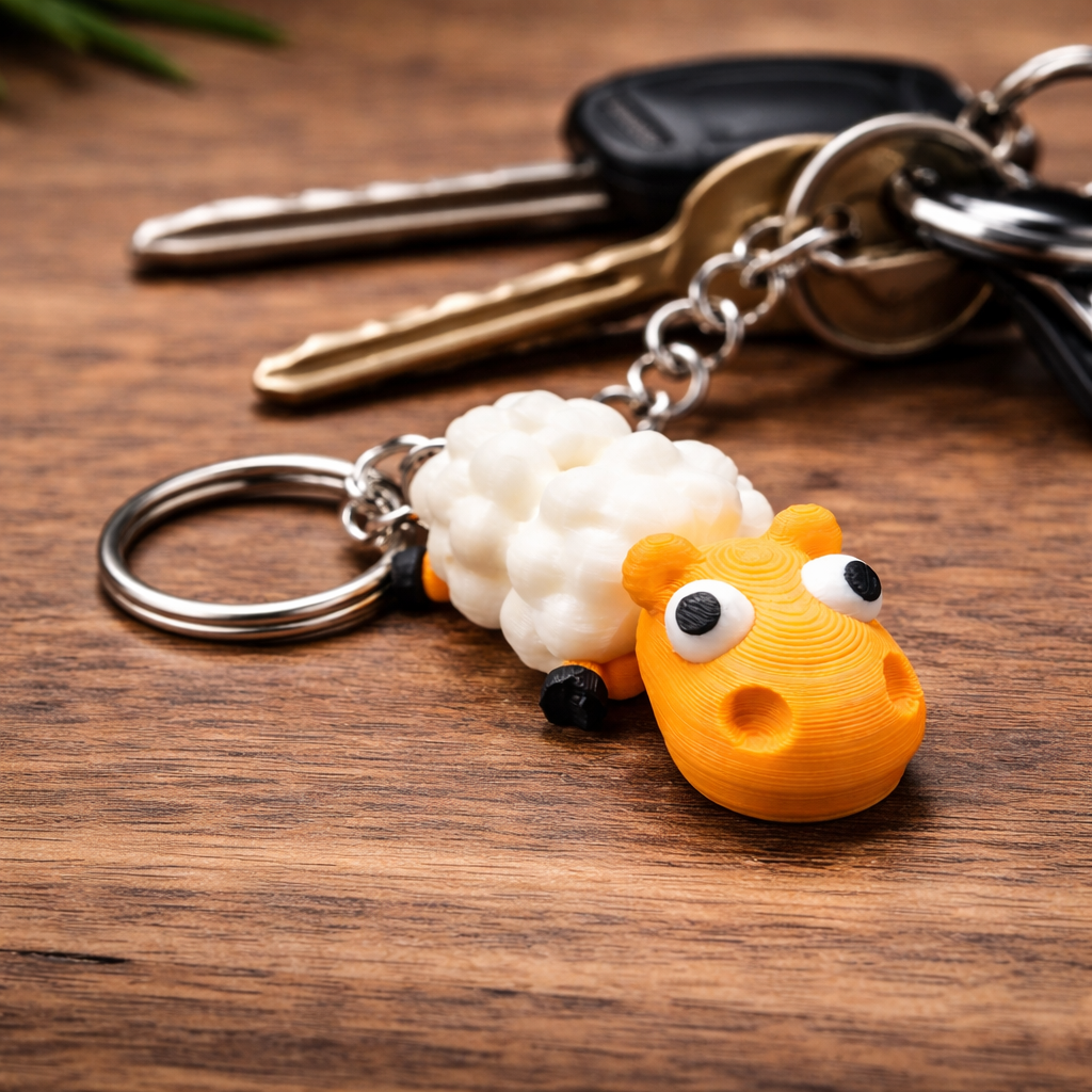 Sheep keychain attached to sturdy metal keyring and chain