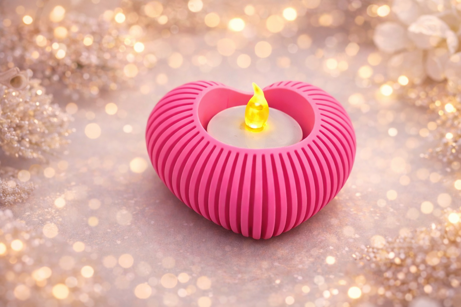 Pink heart-shaped candle holder displayed with removable LED tea light beside it