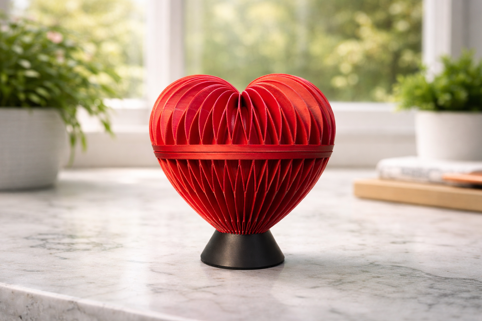 Close-up of heart box's textured ribbed surface and matte PLA finish