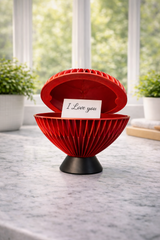 Red heart-shaped storage box with elegant ribbed design and black base