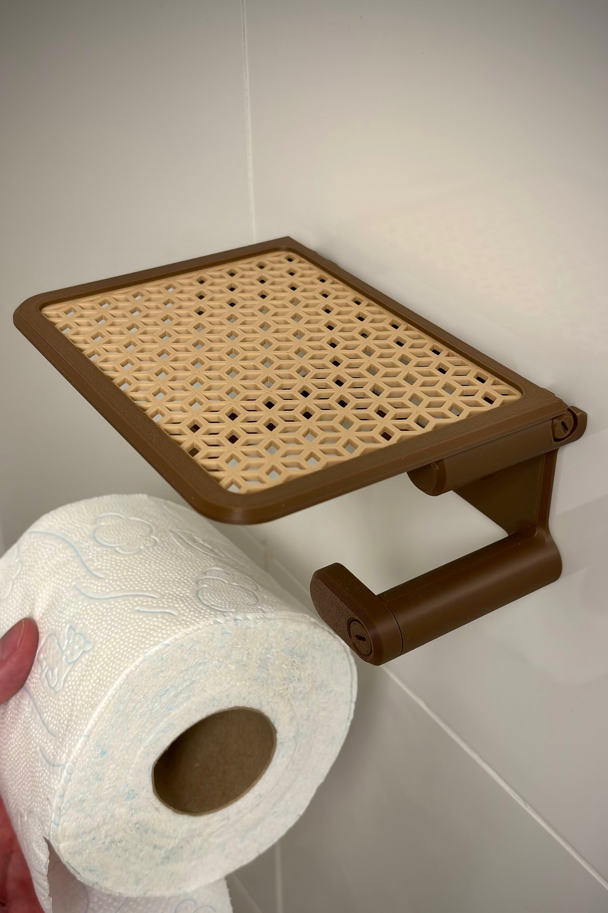 Toilet Paper Holder with Flip-Up Shelf & Quick Swap