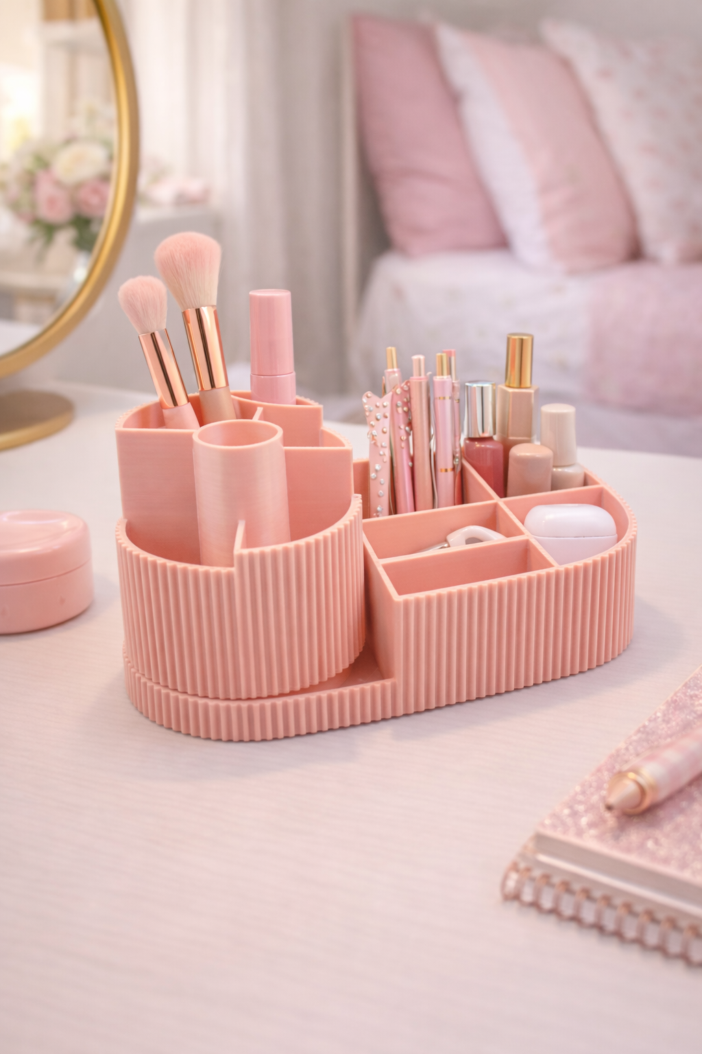 Pink ribbed cosmetic organizer with multiple compartments displayed from front view