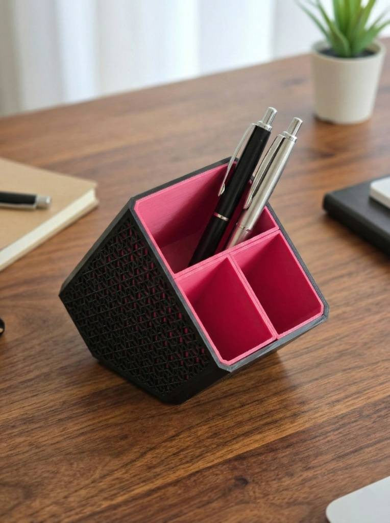 Three-compartment desk pen holder with modern minimalist design and clean lines