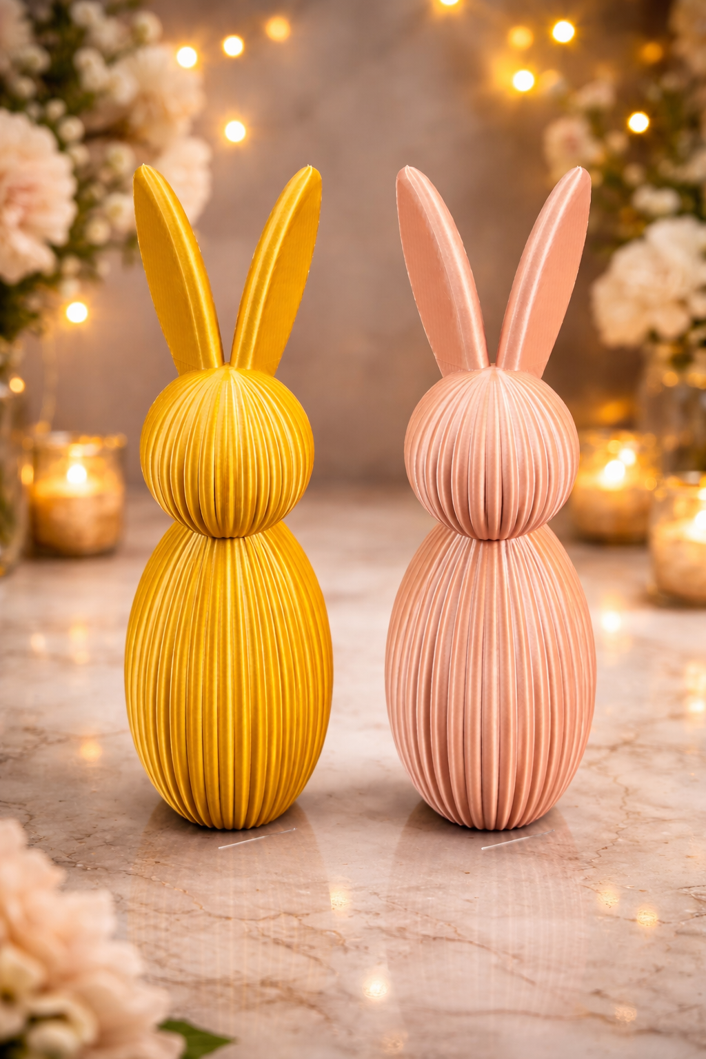 Moderne påskehare figur 16 cm i roséfarve med elegant ribbet design
