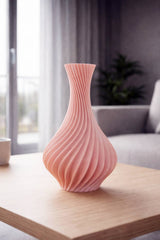 Elegant pink spiral vase 20cm tall with modern twisted ribbed design