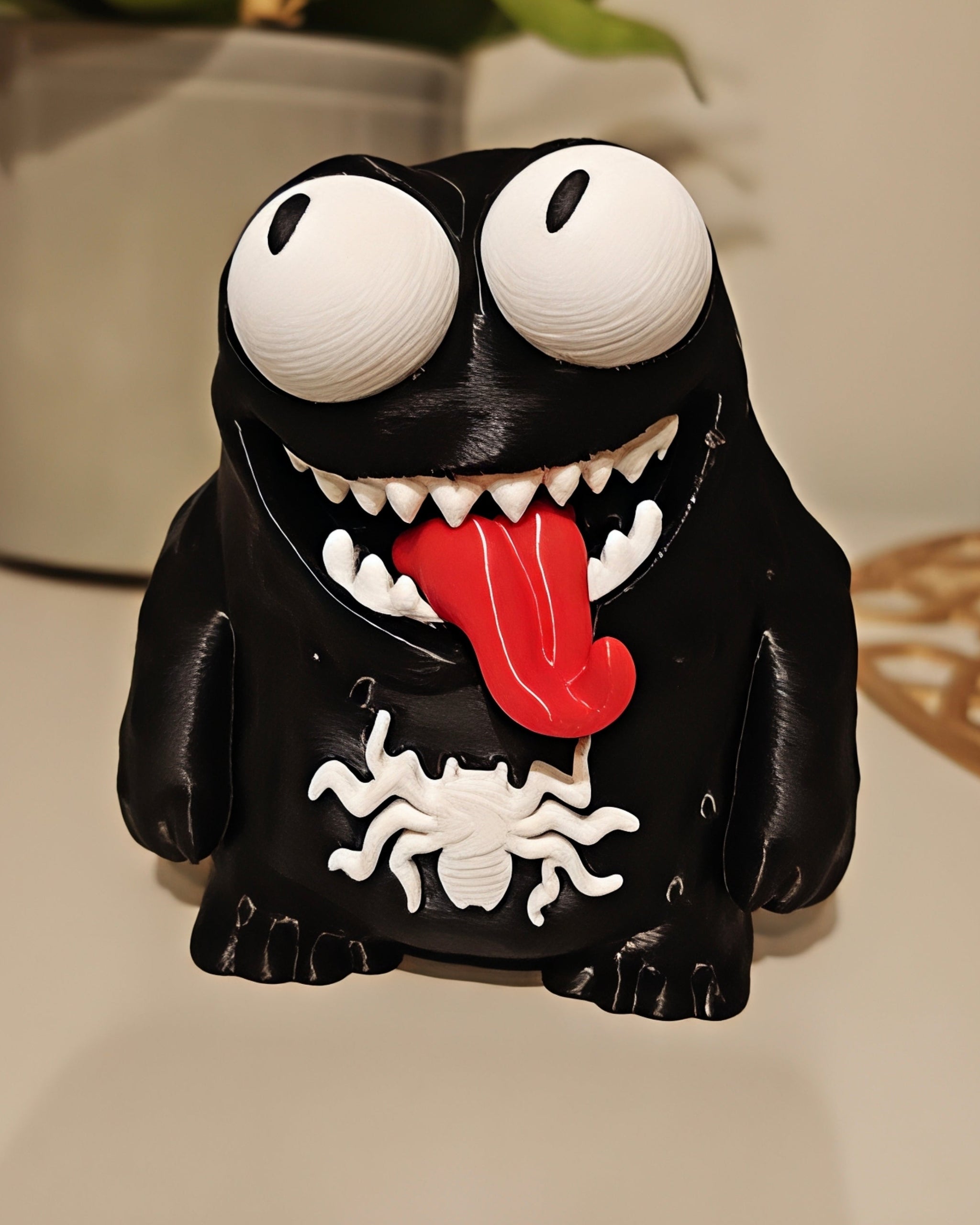 Close-up of Venom goofy figure with big movable googly eyes on a white background