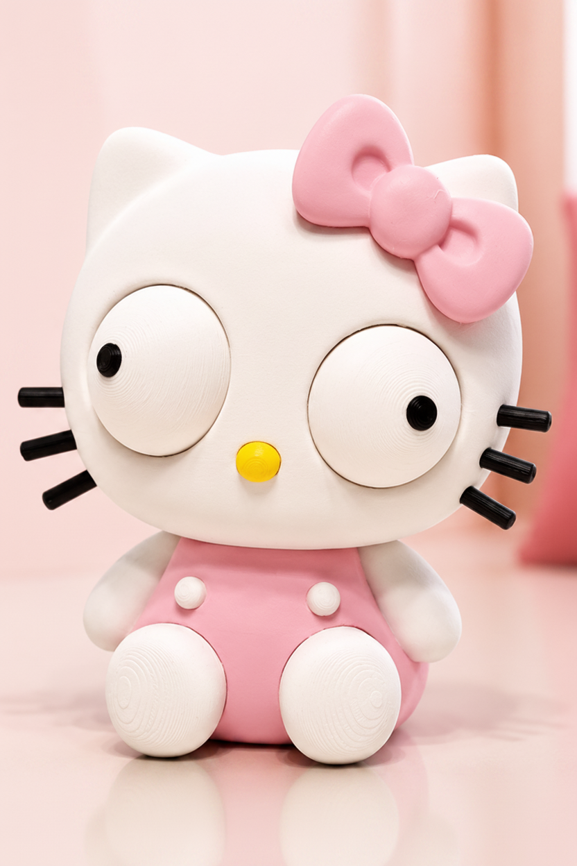 Kitty cat figure with movable googly eyes and bow, close-up on white background