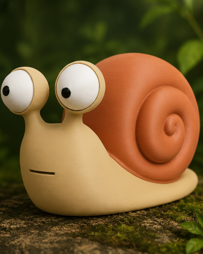 Close-up of goofy snail figure with large movable googly eyes on white background