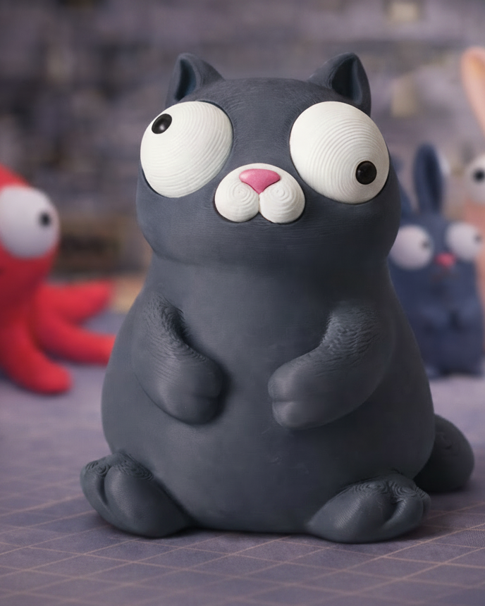 Close-up of a chunky white cat figure with large movable googly eyes on a light surface