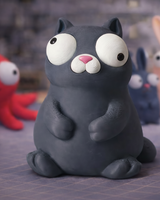 Close-up of a chunky white cat figure with large movable googly eyes on a light surface