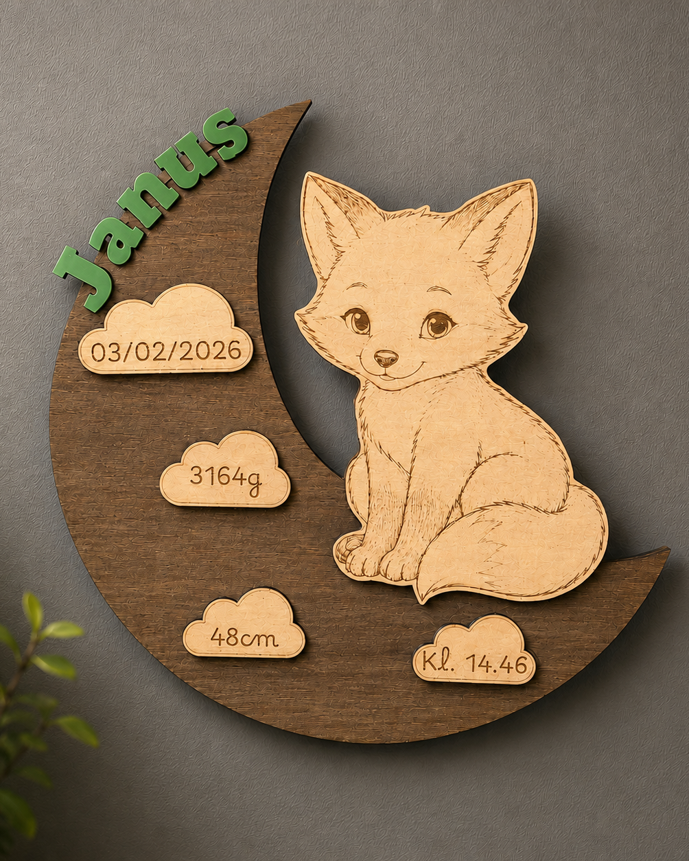 Geburtsschild – Mond mit Fuchs, personalisiert aus Holz